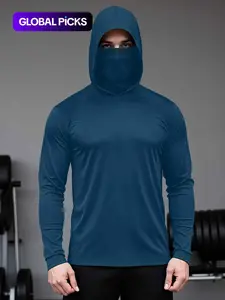 Men's Casual Hooded Long Sleeve T-Shirt with Face Mask, Quick-Dry Fabric, Full Head Coverage, Ideal for Fitness & Outdoor Adventures, Athletic Sports Clothing