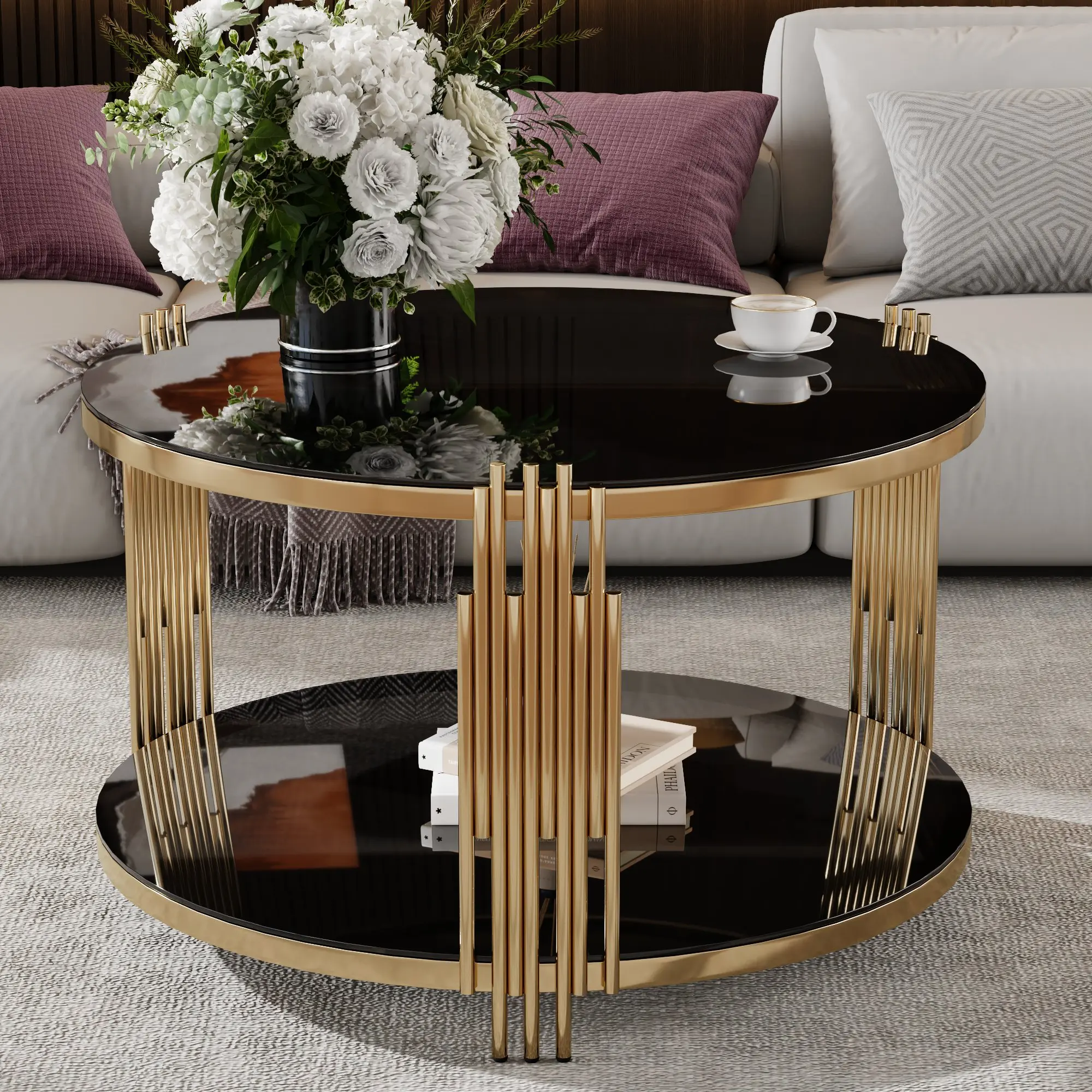 Modern Round Coffee Table, Asymmetrical Metal, Circular Metal Drum Base, Black Mirror Table, Gold Finish & Lower Shelf