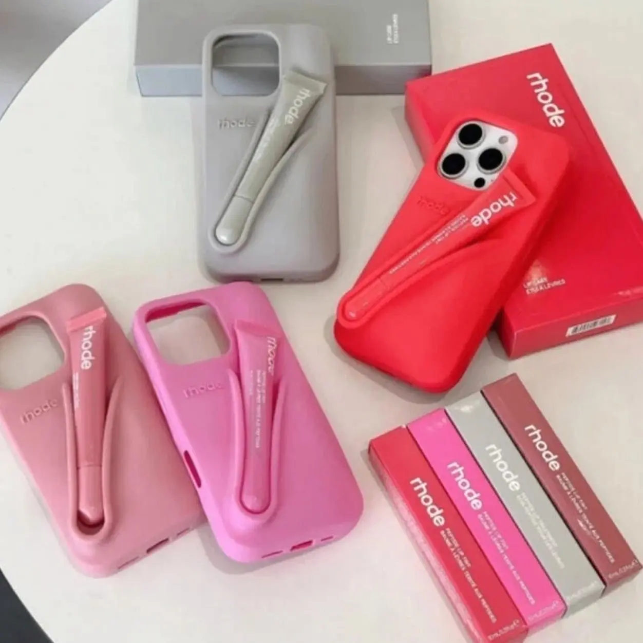Aesthetic Silicone iPhone Case Rhode Full Box Gift with Lip Gloss Set for iPhone 17 16 15 14 13 12 11 Pro Max Plus Toast Espresso Ribbon Cover