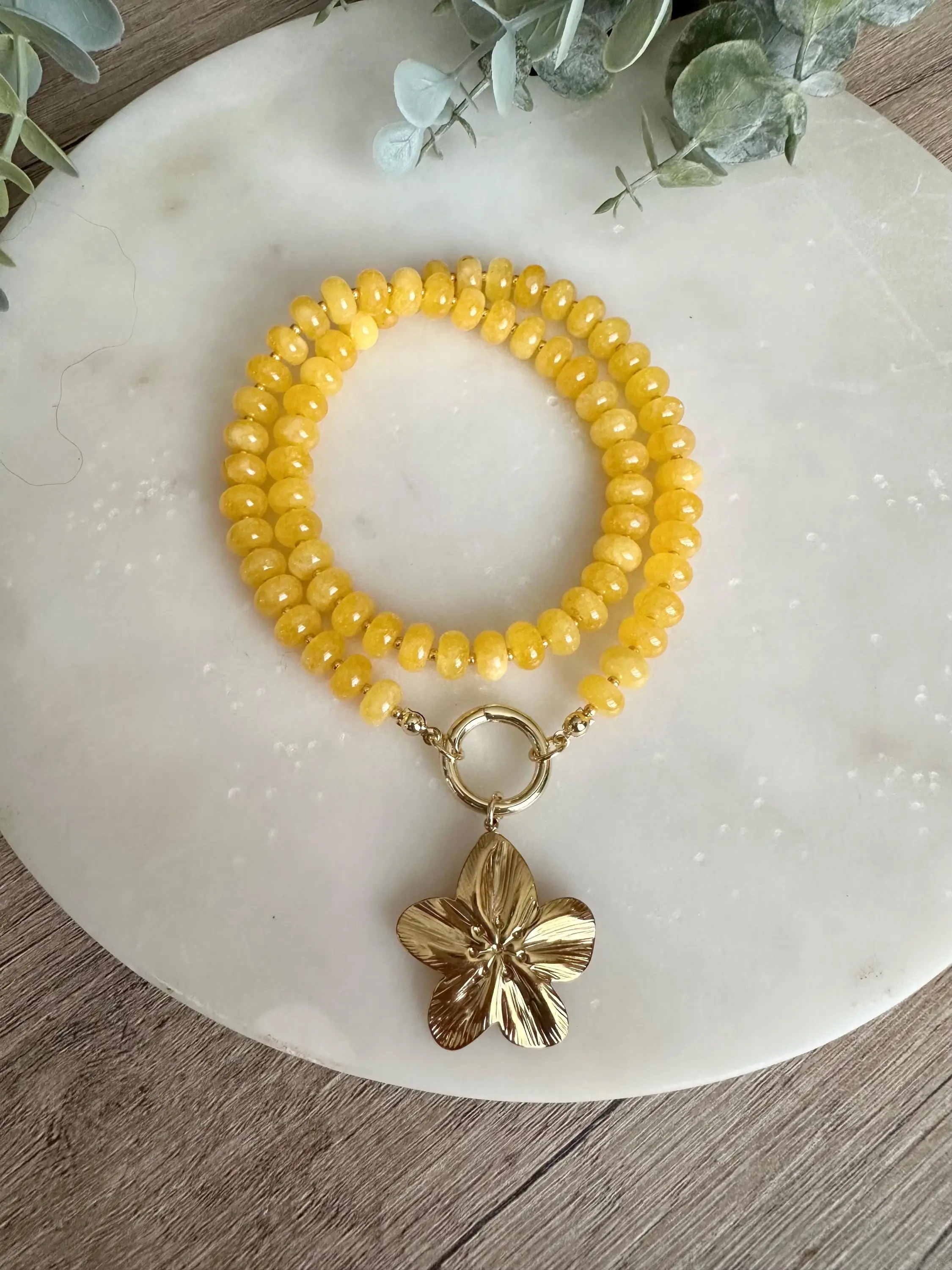 Yellow Jade Flower Pendant Necklace, 18” Beaded Statement Necklace