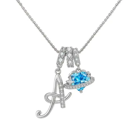 Initial Blue CZ Birthstone Heart Necklace for Women, Dainty 26 Letter Chain Necklace, Birthday Christmas Jewelry Gifts for Wife Girlfriend Sister Mom, Charm Necklace, Personalized Initial Necklace, Sparkling CZ Necklace, Dainty Initial Necklaces