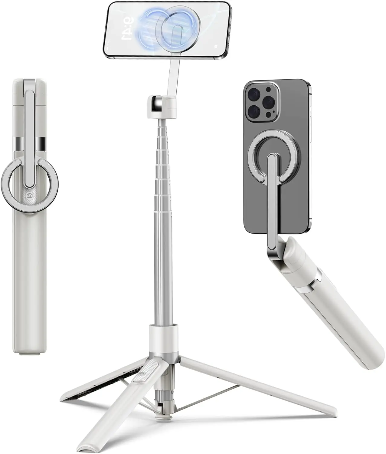 Magnetic Selfie Stick Tripod with Aluminum Strong Magnetic Holder for Magsafe 360° Rotatable Travel Phone Tripod Stand with Metal Ring & Rechargeable Remote for iPhone Android Recording Wireless