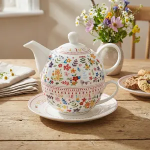 Floral Tea for One Set, Cute Scattered Flowers Design, Porcelain Teapot with Cup & Saucer, Ceramic Tea Set for One, Women Gifts for Easter, Mother's Day, Birthday, Christmas, Dishwasher Safe, Microwave Safe