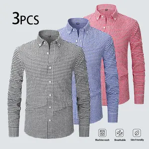 Multi Color 3Pcs Checkered Long Sleeve Shirts, Machine Washable Skin Friendly Button Up Tops For Work Weekend Travel Outfits Casual Menswear Man