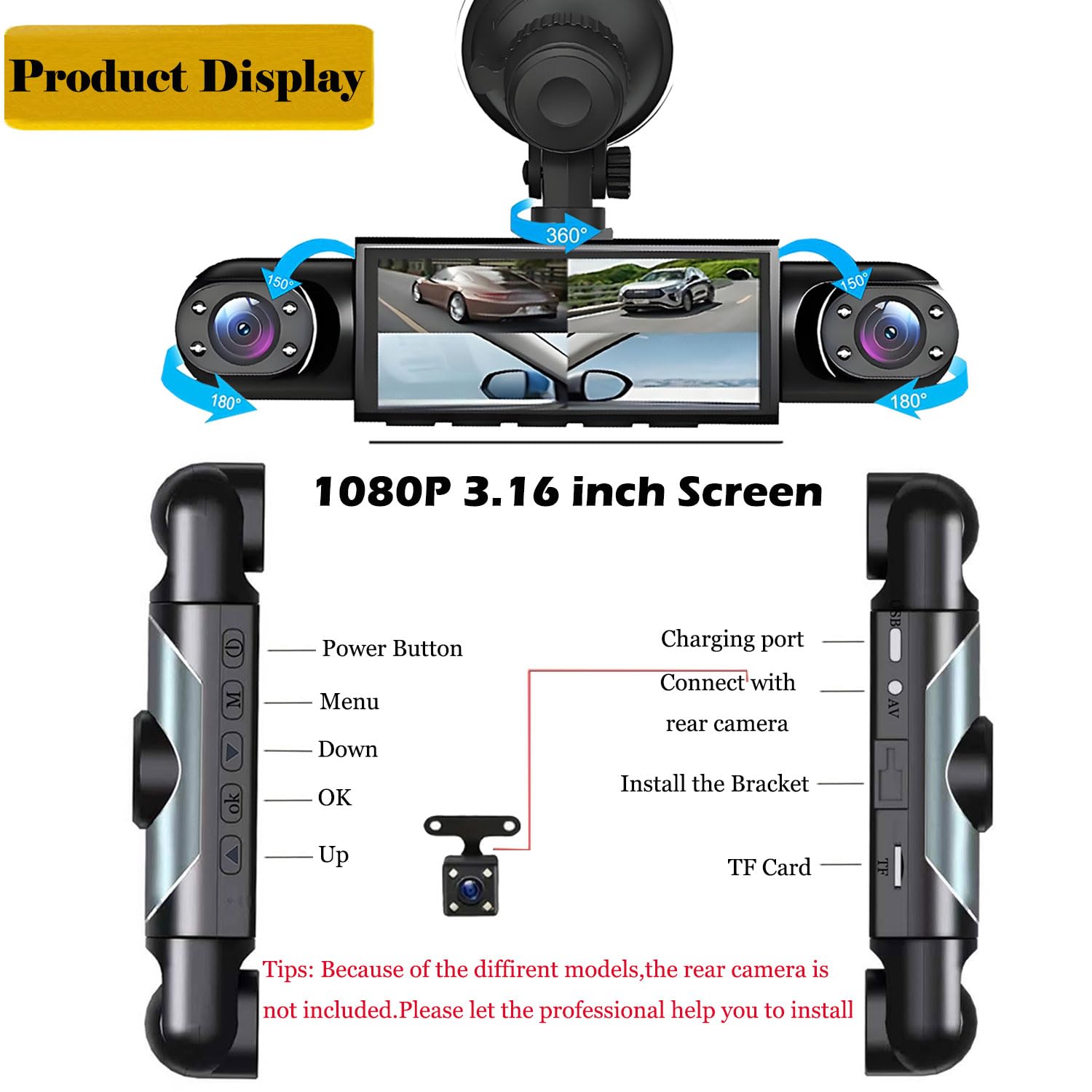 4K 1080P 4 Channel Dash Cam, Front Rear Inside Three Lens Car DVR with 3.16 Inch IPS Screen, 64GB Card Included, Parking Mode, G-Sensor, Night Vision, Loop Recording, HD Video Recording for Car Truck Vehicle