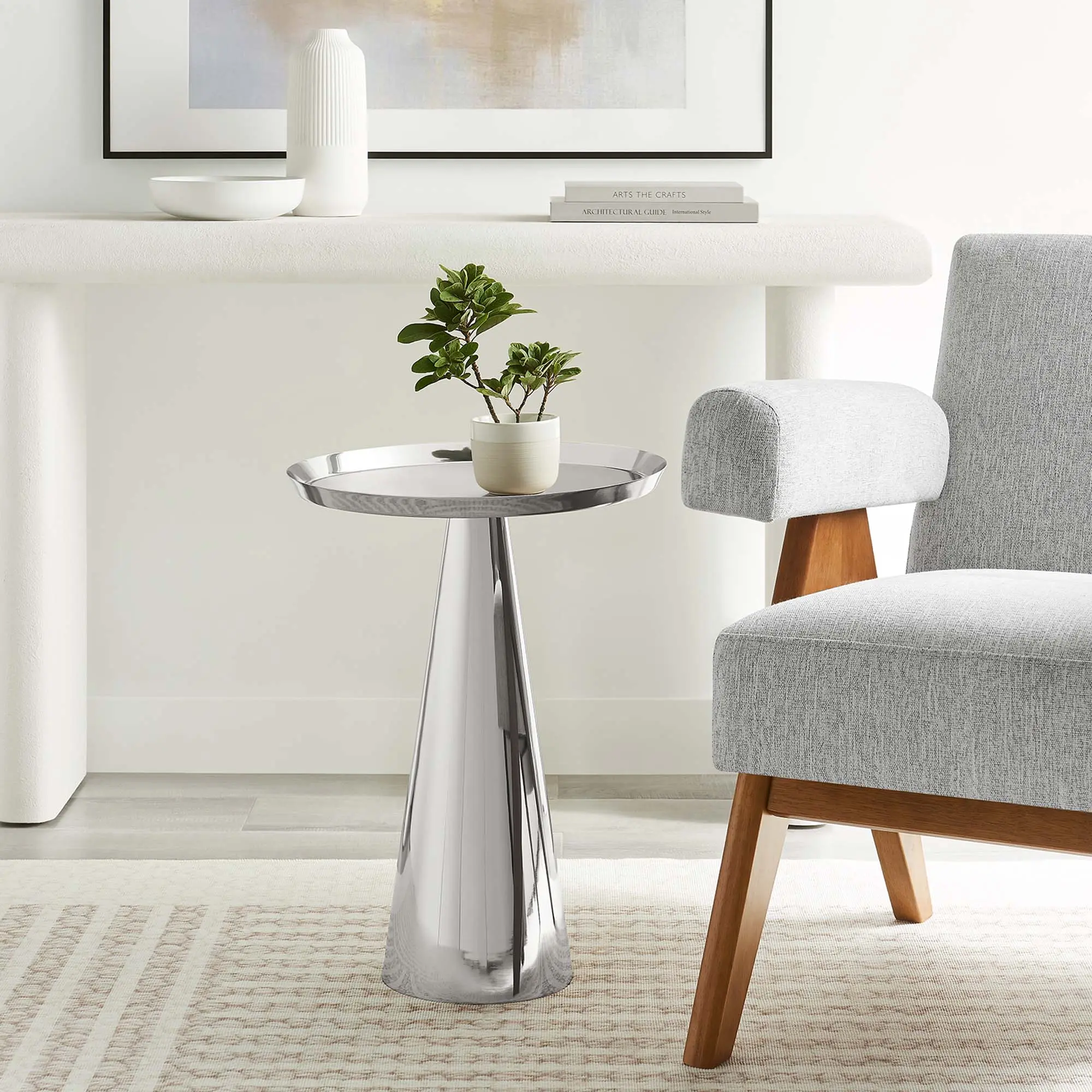 Modway Maren Round Pedestal Side Table - Industrial-Inspired Iron Modern Furniture, Nickel Finish, Raised Rim, Non-Marking Pads, 88 lbs Capacity, Modern Home Decor, Hallway/Entryway/Side Table Living Room Furniture, Assembly Required, Indoor Use