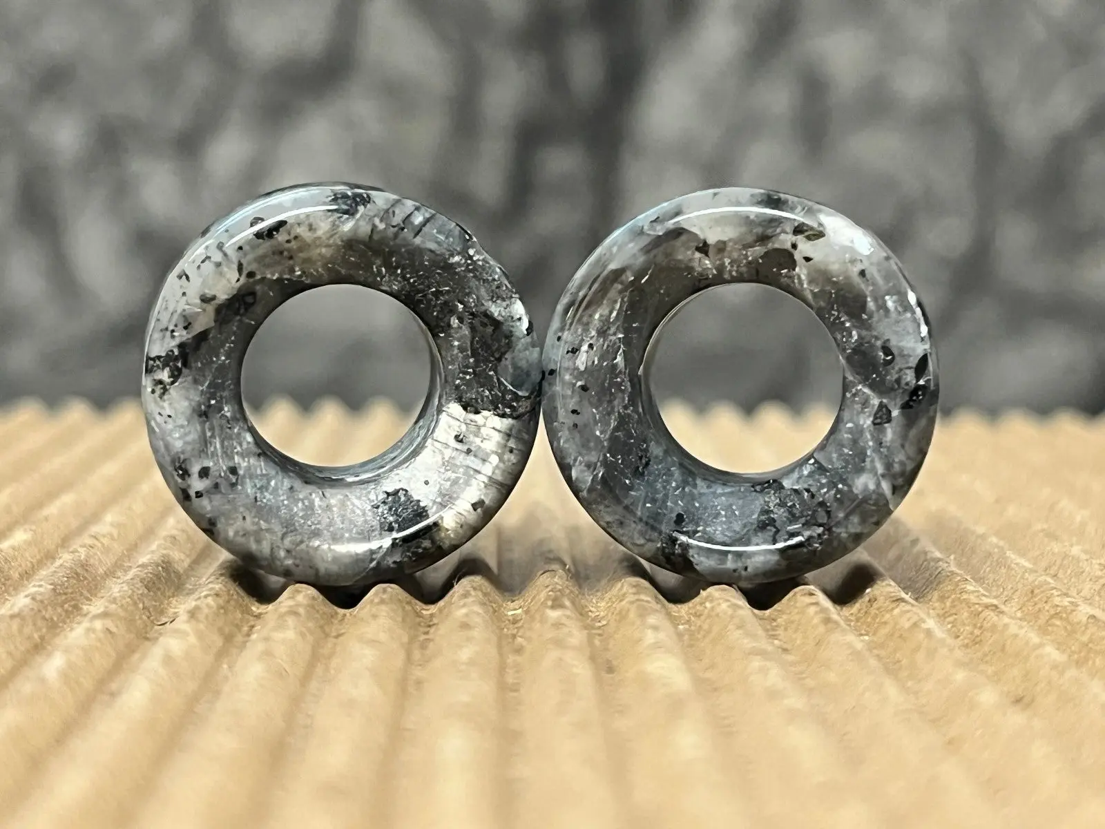 PAIR Black Labradorite Stone Double Flare Tunnels Plugs Gauges Body Jewelry
