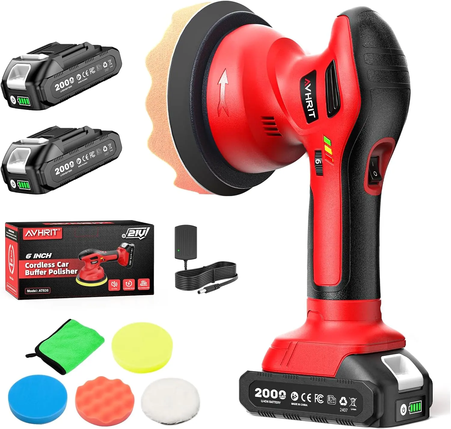 Car Polisher kit w/ 2x2000mAh 21V Batteries, 6 Inch Car Waxer Kit w/ 6 Variable Speed & Attachments, Polisher for Car Detailing,Boat Sanding,Scratch Removing