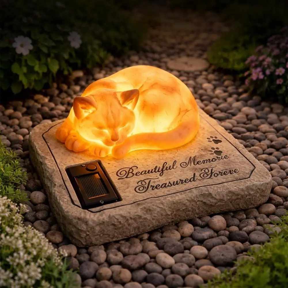 Solar Light Cat Memorial Garden Stones with A Sleeping Kitty Statue Auto Glow at Night Resin Grave Markers Headstones for Cat Sympathy Memorial Loss Gifts Outdoors 8"x6.5"x3"