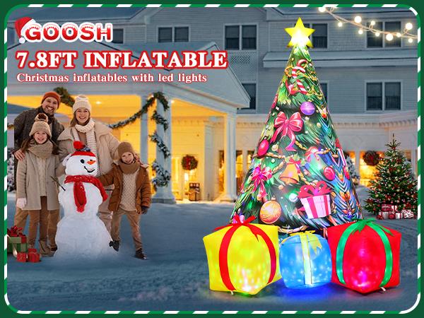 GOOSH 7.8 FT Inflatable Christmas Tree with Built-in LEDs & Festive Designs for Outdoor Decorations - Fast Inflation, Certified Safety, Waterproof Polyester, Easy Storage