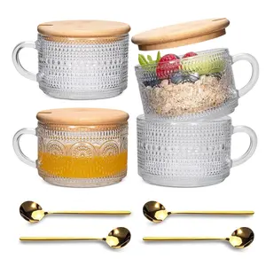 4Pcs Vintage Coffee Tea Cups, 14oz Glass Tea Coffee Mugs With Spoons, Clear Embossed Glass Cups for Cappuccino, Latte, Cereal, Drinkware Portable