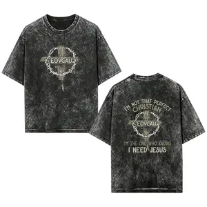[EOVCAU]Men's Summer Loose Fit acid wash T-Shirt，I Need Jesus Christian acid wash TShirt，Im Not That Perfect Christian Im The One That Knows Graphic Tee， Distressed Cross & Thorns Casual Shortsleeve Tee，Spiritual Gift for Believers