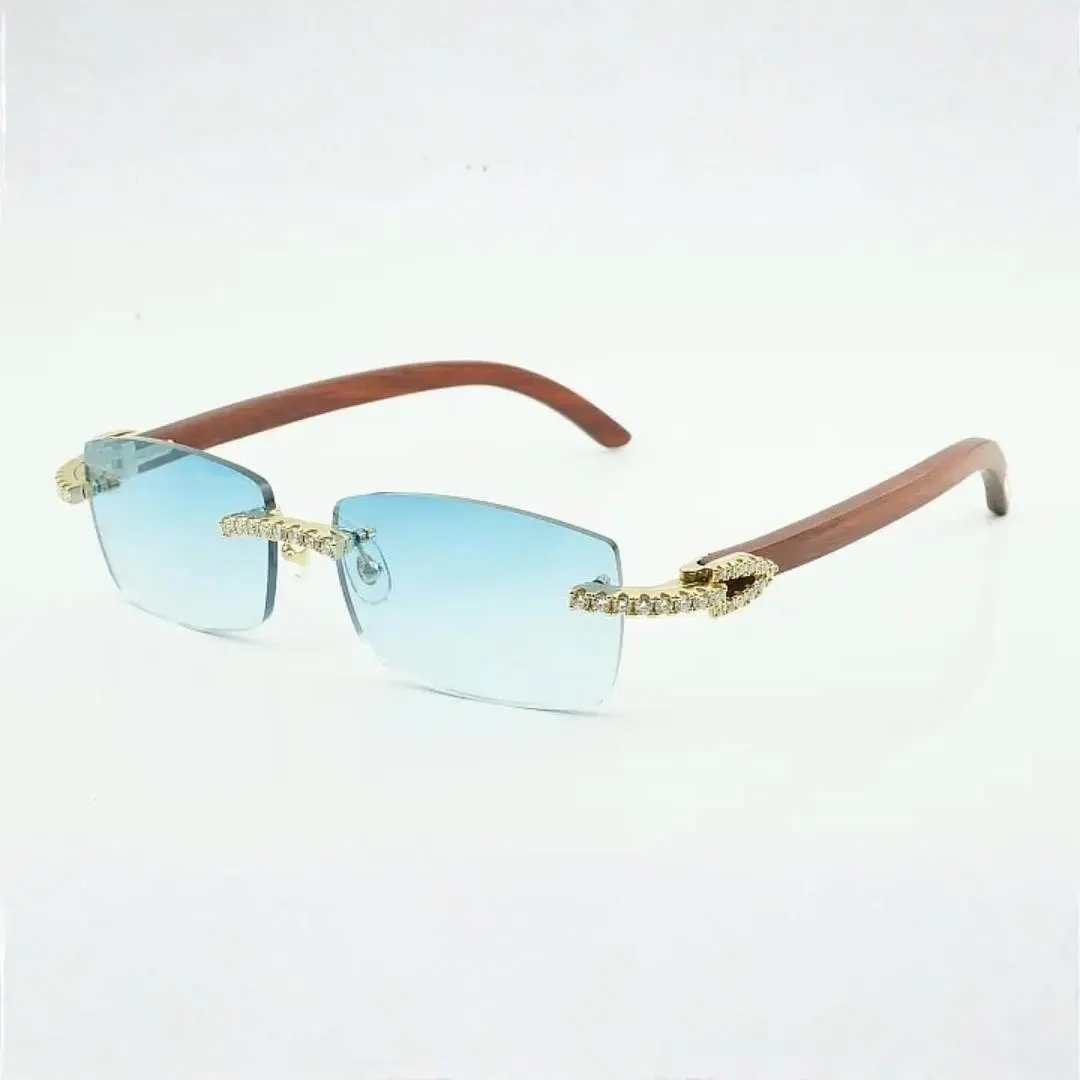 Iced Out Wooden Frames Sunglasses — Blue Lens