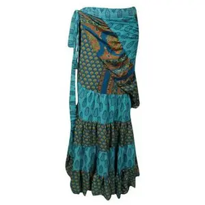 Bohemian Blue Silk Sari Ruffle Wrap Skirt, Tiered Maxi Skirt One size