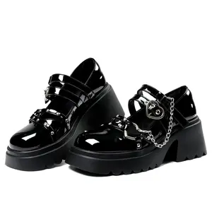 CYNLLIO  Womens Platform Shoes Fashionable Goth Black Punk Round Toe Chunky Wedges High Heels Buckle Strap Chain Heart Studded Comfortable Slip On Party Lolita Cosplay Gothic Fall Winter Mary Jane Pumps Shoes