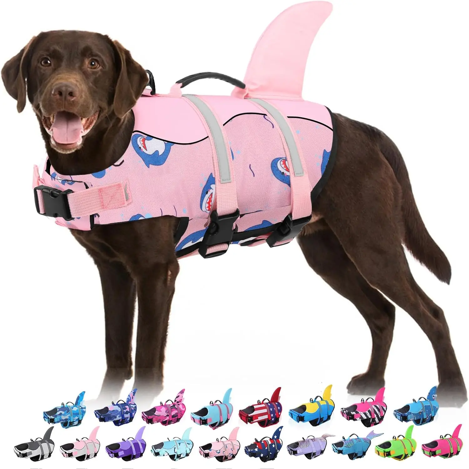 Reflective Dog Life Jacket Shark Life Vest for Swimming Boating, High Buoyancy Reflective Lifesaver with Rescue Handle for Small Medium Large Dogs, Pink Dolphin XS