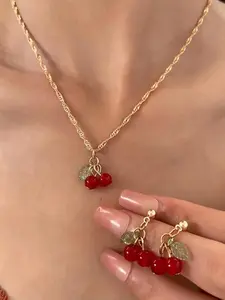 Cute cherry pendant necklace and drop earrings, party fashion jewelry set, everyday outfit accessory, stylish complete set and exquisite jewelry, ideal as a birthday gift