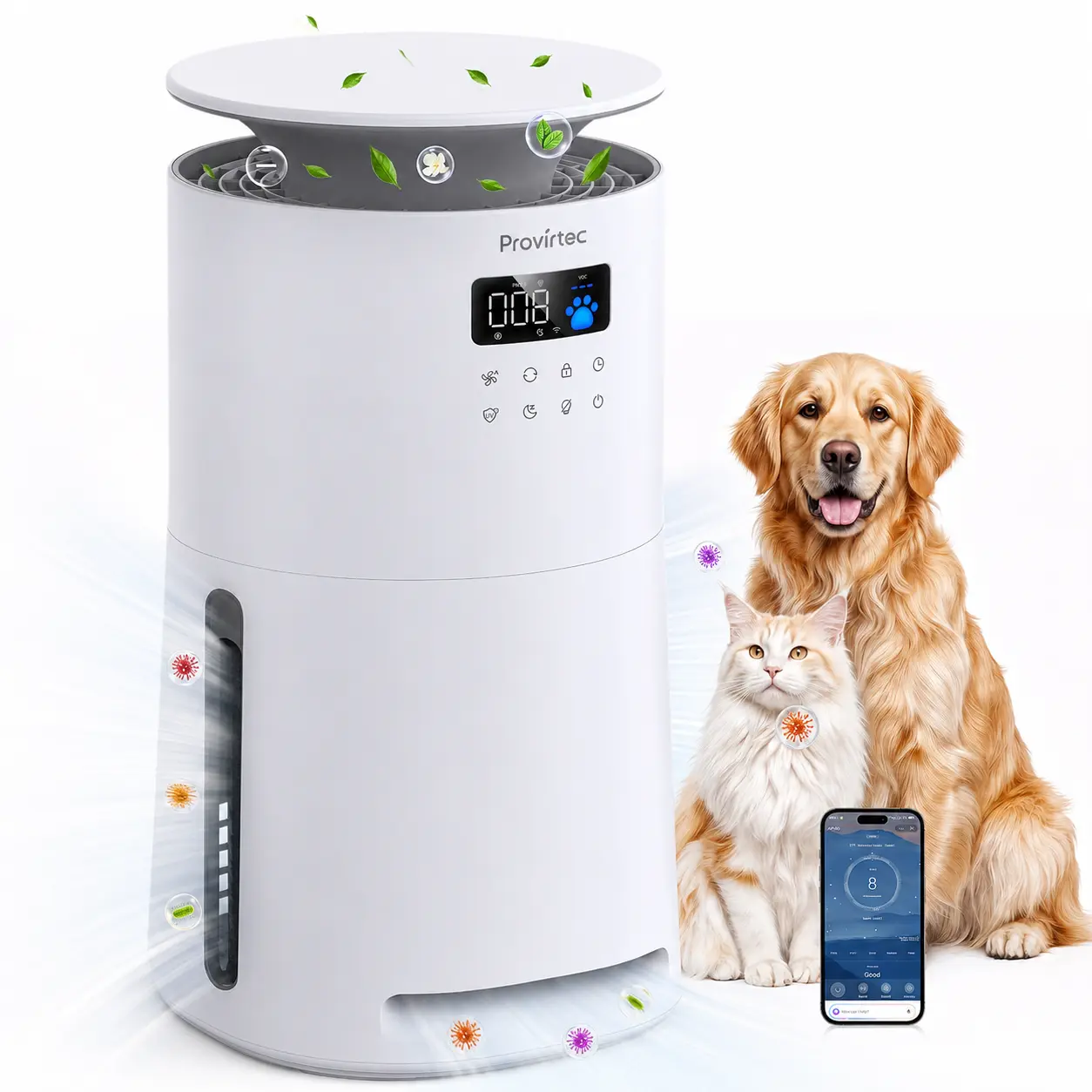Provirtec Pawtent Round Tower Air Purifier for Pets, 2300 ft²/h Large Room HEPA Cleaner with OdorSense Tech, App+Voice Ctrl, Odor Removal, 2-Year Filter Set, US Plug, Smoke Removal (Limited Stock)