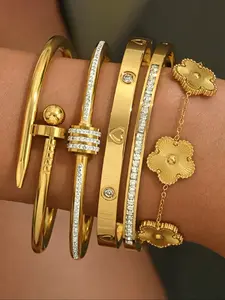 5-Piece Fashion Stainless Steel Bracelet Set, Rhinestone Bangle Bracelet for Holiday Gift, High Quality Bracelet