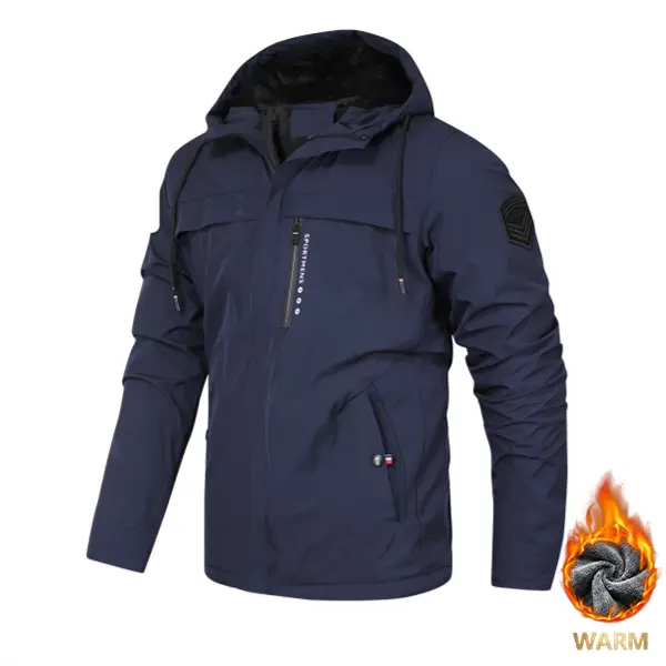 Men’s thickened fleece hooded jacket — windproof, waterproof, insulated casual sports outerwear suitable for outdoor activities and cold weather; machine washable. Thickened, comfortable winter padded jacket; Western men’s clothing.