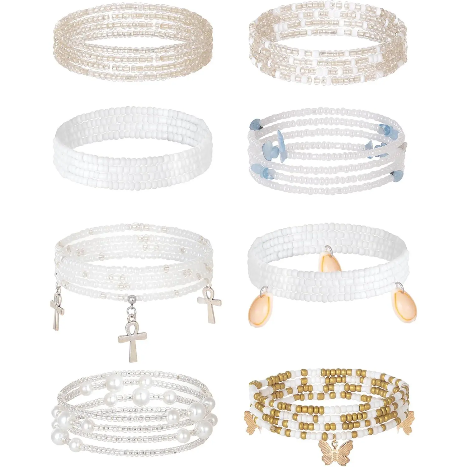 Women's 8-Piece Adjustable Waist Beads, Handmade African Glass Bead Belly Body Chains, Elastic Stretch Layered Set with Butterfly & Shell Charms, 31.5 in, Adjustable Waist Chain, Elastic Band