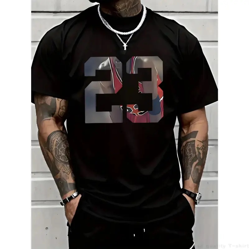 Men's 23 Graphic Printed Crewneck Menswear T-Shirt - Soft, Casual Short-Sleeve, Classic, Fashionable, Versatile, Comfortable, Breathable, Machine Washable, All-Season Sports Top