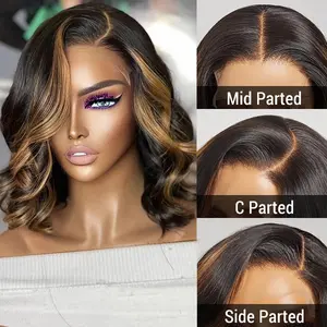 180 Density P1B/30 Body Wave Bob Human Hair Wig 13x4 Lace Frontal Brazilian Hair Short Bob Wig For Women Blonde Highlight Body Wave Human Hair Wig Pre Plucked With Baby Hair
