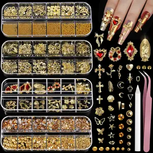 Gold Nail Charms & Gems Set, 4 Boxes of Crosses, Hearts & Pearls, 3D Nail Art Rhinestones Kit for DIY Nail Design Supplies