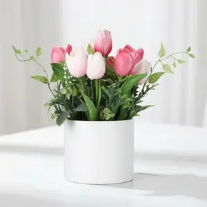 Realistic Artificial Tulips in Ceramic Pot, 6.9" PU Faux Tulip Flowers Magenta, Modern Centerpiece for Home, Kitchen, Office, Wedding Decor, Ideal Gift