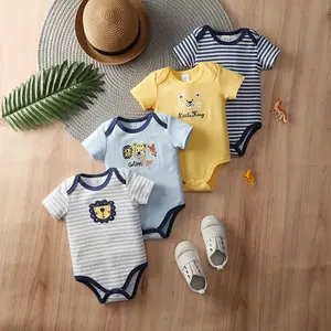 4-piece baby short-sleeved one-piece set, cotton baby boy clothing, basic style cartoon animal stripes, essential items for newborn clothing, hospital birth supplies