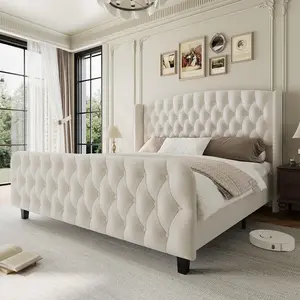 Bed Frame with Deep Button Tufted Wingback Headboard, Velvet Upholstered Platform with Footboard