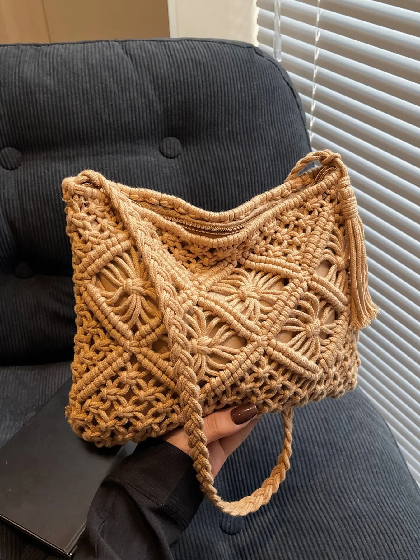 Bohemian Handwoven Shoulder Bag, Cotton Crochet Fringe Crossbody Bag, Beach Travel Daily Use, Women's handbag for vacation, beach and commute,Ethnic Pattern, All Seasons, Boho Aztec Purse, Boho Shoulder Bags