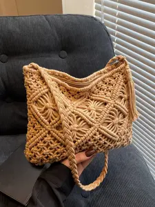 Bohemian Handwoven Shoulder Bag, Cotton Crochet Fringe Crossbody Bag, Beach Travel Daily Use, Women's handbag for vacation, beach and commute,Ethnic Pattern, All Seasons, Boho Aztec Purse