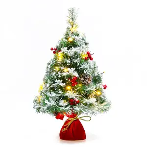 SUNNYGLADE 21.6 inch Snow Flocked Christmas Tree Artificial Mini Christmas Tree Pine Tree Indoor Tabletop Ornaments Decorations with 30 LED Lights,Red Cloth Base and Pine Cones,White