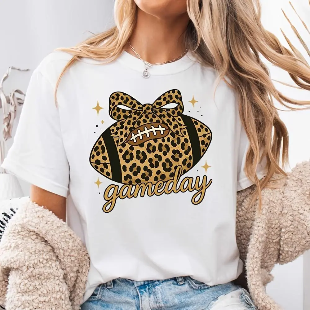 Leopard Print Football Bow Gameday Graphic, Neck Drop Shoulder T-Shirt, Fall Game Day Spirit Wear, Tailgate Party Stadium Outfit