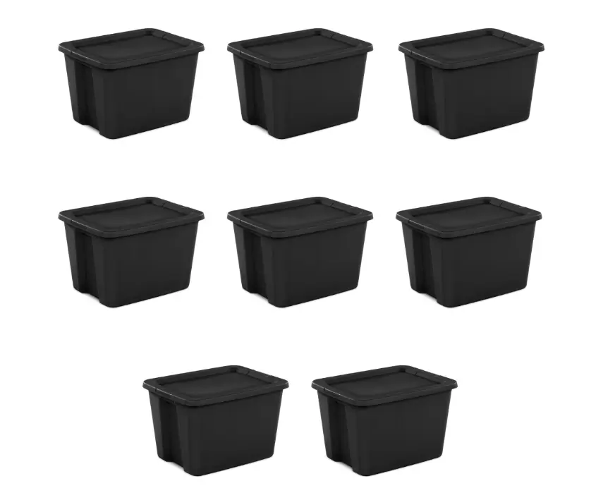 Sterilite Large Storage Bin, 18 Gallon Plastic Storage Container with Snap-On Lid, Black, Pack of 8