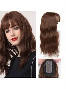 Long Curly Wavy Hair Topper with Bangs for Women Silk Top Base Water Wave Wiglet Hairpiece for Hair Loss Thinning Hair Clip in Top Hairpieces Soft Synthetic Hair Extension Synthetic Curly Wigs Synthetic Material Wigs