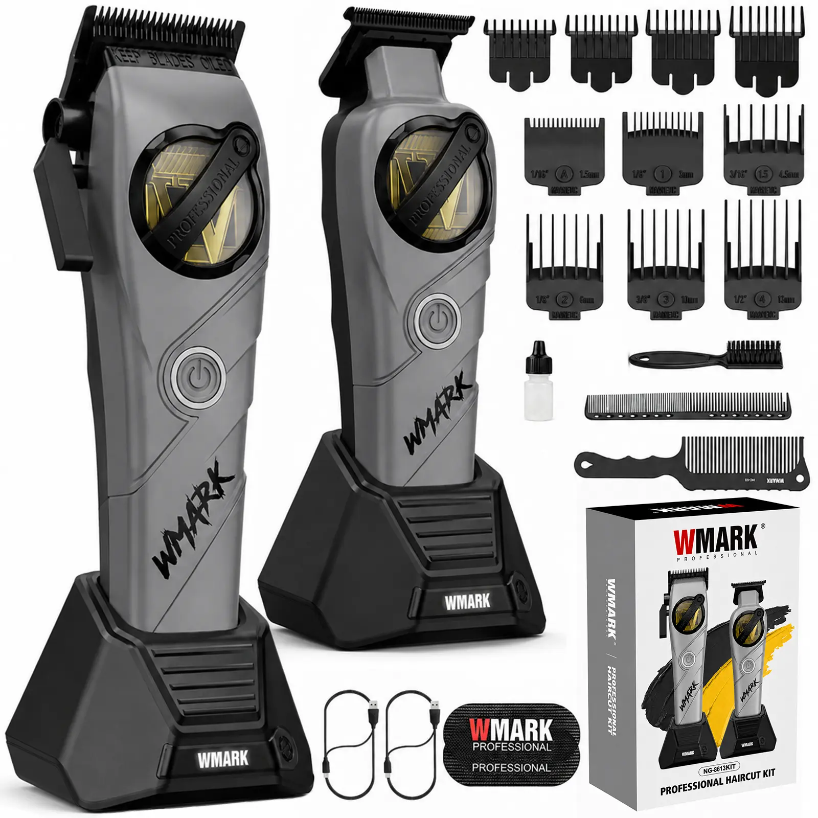 Cordless USB Rechargeable Hair Clipper Kit WMARK NG-8613 Professional Hair Clippers for Men, Cordless Barber Clipper and Trimmer Set, 2-Speed Hair Cutting Kit with LED Display, Precision Fade Clippers, Rechargeable Grooming Kit for Barbers & Home Use