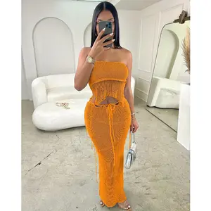 Summer Autumn Clothes European and American Women's Sexy Breast Wrap Halter Back with Halter Top Fringe Knitted Suit Womenswear Check Light Sleeveless Short Basic