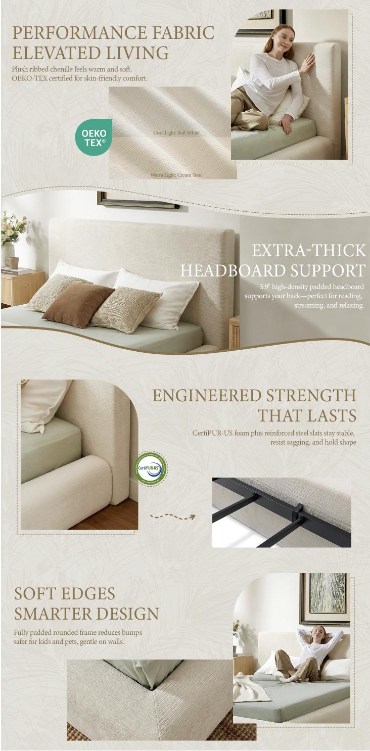 Yechen Platform Bed Frame, Upholstered Bed Frame with Headboard, 5.9" Thick Padded Cloud Bed Frame with Ribbed Chenille Fabric, Easy Assembly, No Box Spring Needed, Noise Free, Cream (Queen, King) Yechen Platform Bed Frame, Upholstered Bed Frame with Headboard, 5.9" Thick Padded Cloud Bed Frame with Ribbed Chenille Fabric, Easy Assembly, No Box Spring Needed, Noise Free, Cream (Queen, King)