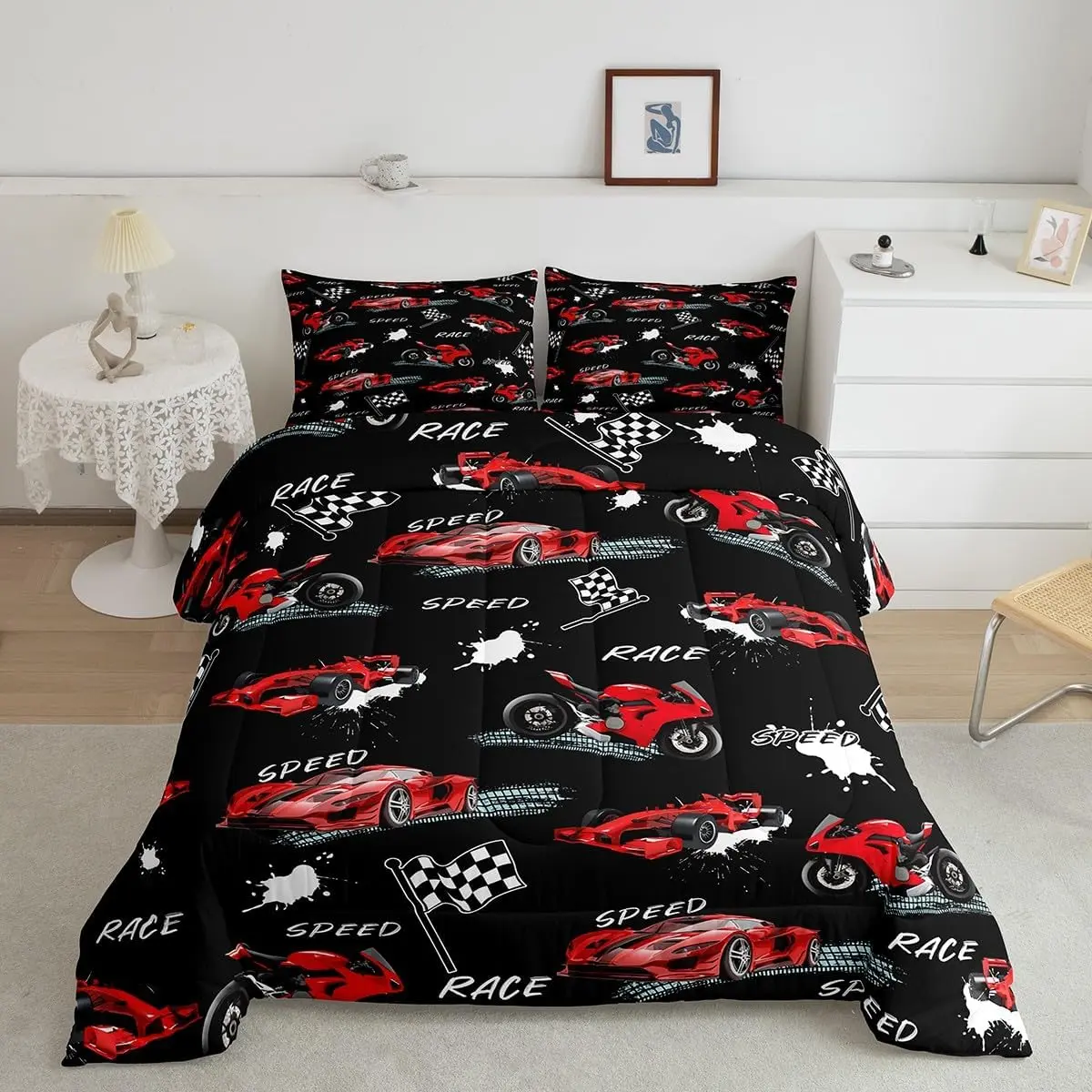 Feelyou Microfiber Racing Style Car Graphic Bedding Set - Red Black Digital Print, Breathable Duvet Set, Multi-Size, RV-Friendly Designer Linens, Microfiber Bedding Set