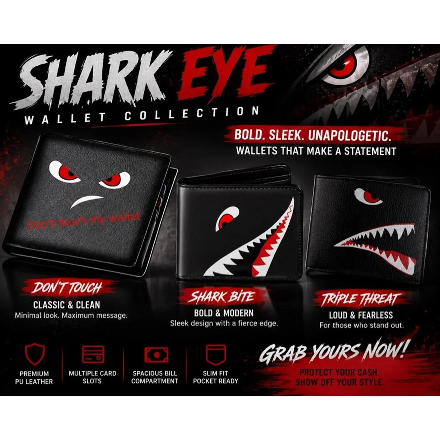 Shark Eye Wallet Collection - Bold Sleek Unapologetic - Don't Touch Classic Clean - Shark Bite Bold Modern - Triple Threat Loud Fearless - Premium PU Leather - Multiple Card Slots - Spacious Bill Compartment - Slim Fit Pocket Ready