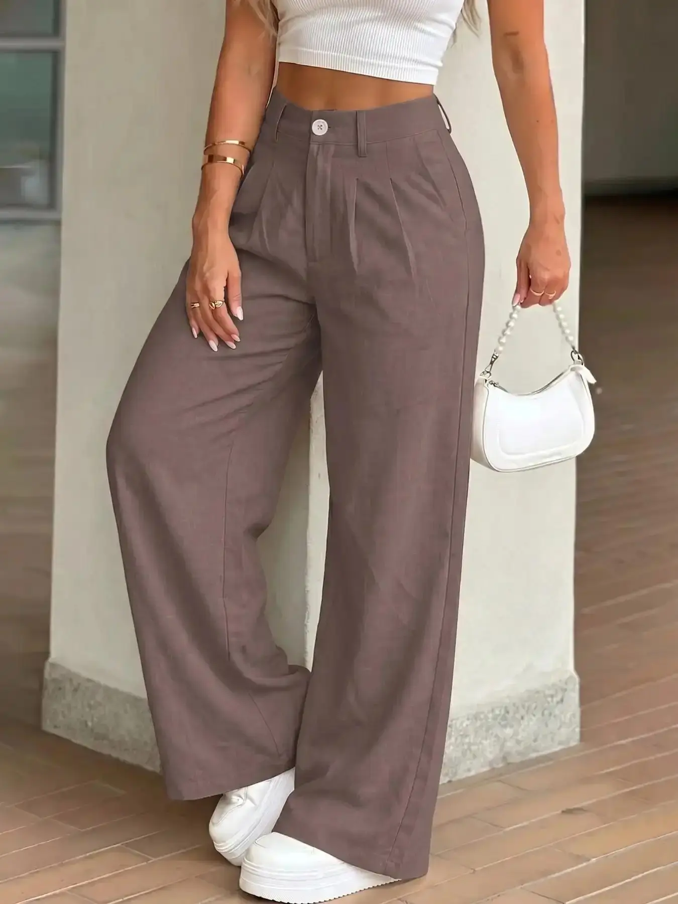 Relaxed Straight Leg Pants, Loose High Waist Double Pleat, Summer Thin Office Wear, Slimming Nine-Inch Lady Long Versatile and Stylish elevated basics go to fall winter modern everyday wear
