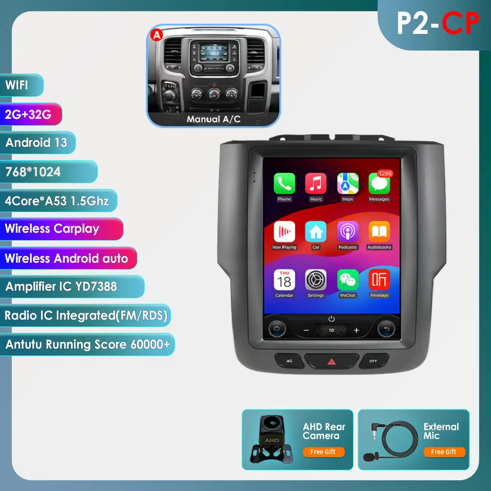 P2-CP 9.7" CarPlay Car Screen Built-in Android Auto Head Unit for Dodge RAM 1500/2500/3500 2013-2018 (Manual A/C Only) - 2G+32G, Android 14, 4-Core A53 1.5Ghz, WiFi, Backlit, 8-Pin Connector Autoradio
