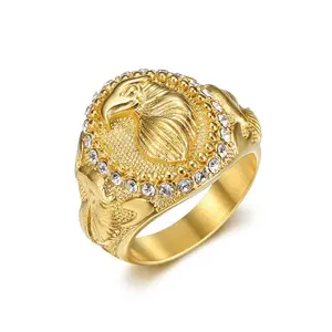 Fanshu Stainless Steel Goldplated Iced Out Zircon Eagle Hip Hop Band Rings for Men Women Gift Fashion Jewelry bling ring