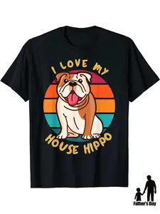 Funny English Bulldog "I Love My House Hippo" Graphic T-Shirt - Vintage Pet Lover Shirt with Yellow Text - Soft Breathable Cotton Tee for Dog Owners - Birthday/Father's Day Gifts for Dad Husband Grandpa - Sizes S-XXXL in Black - Machine Washable Casual Ca