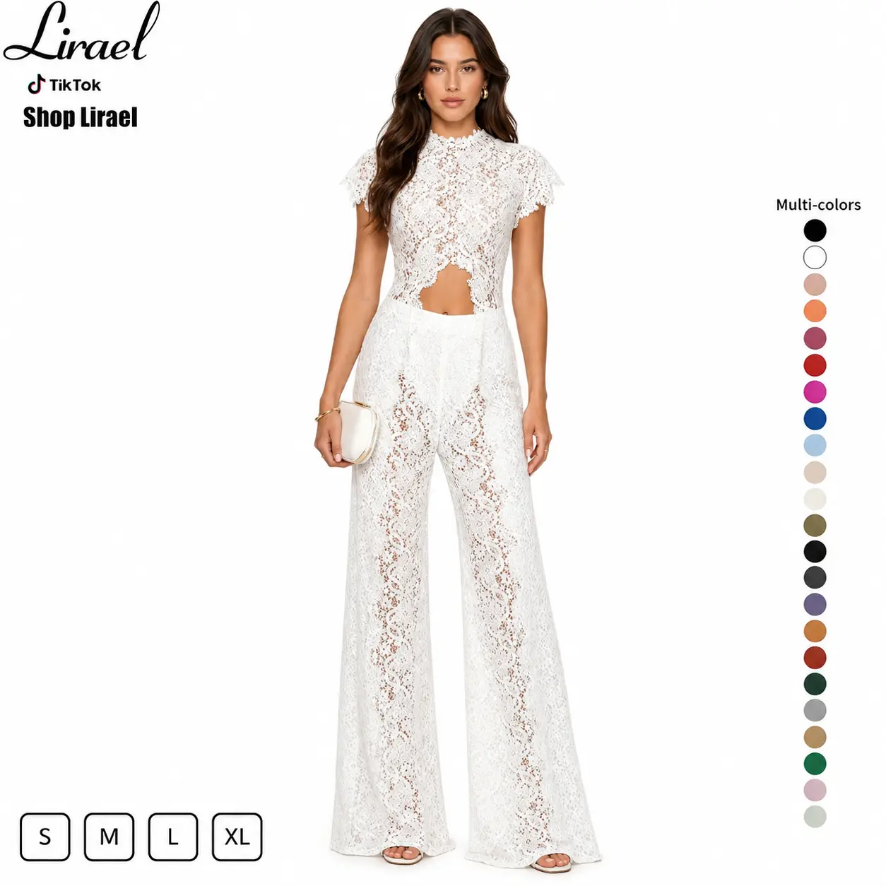 Two-Piece Lace Set High-Waisted Wide-Leg Pants Halter Crop Top Summer Festival Boho Outfit