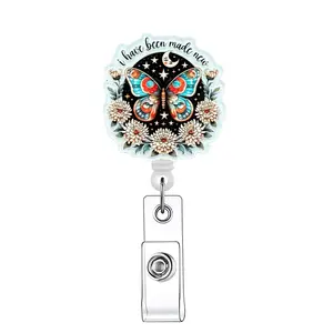 Butterfly & Flower Pattern Premium Decorative Badge Holder, Acrylics, 1/20pcs Retractable Badge Reel, ID Holder for Nurses Doctors Students Office Staff