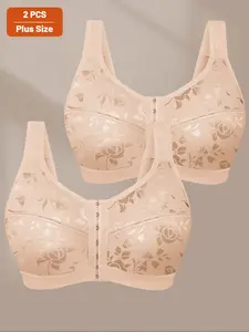 Women's Elegant Plus Size Wireless Bra Set, High Stretch Comfort Fit, Wide Shoulder Strap Support, Casual Plain Design Floral, All Seasons Underwear