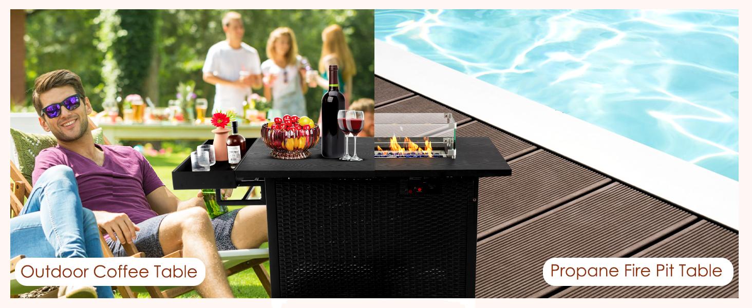 【Costway】-Outdoor Pit Table w/Lid, Waterproof Cover, Tempered Glass Wind Guard & Blue Fire Stone w/Storage Shelf  for Courtyard Balcony Garden Terrace